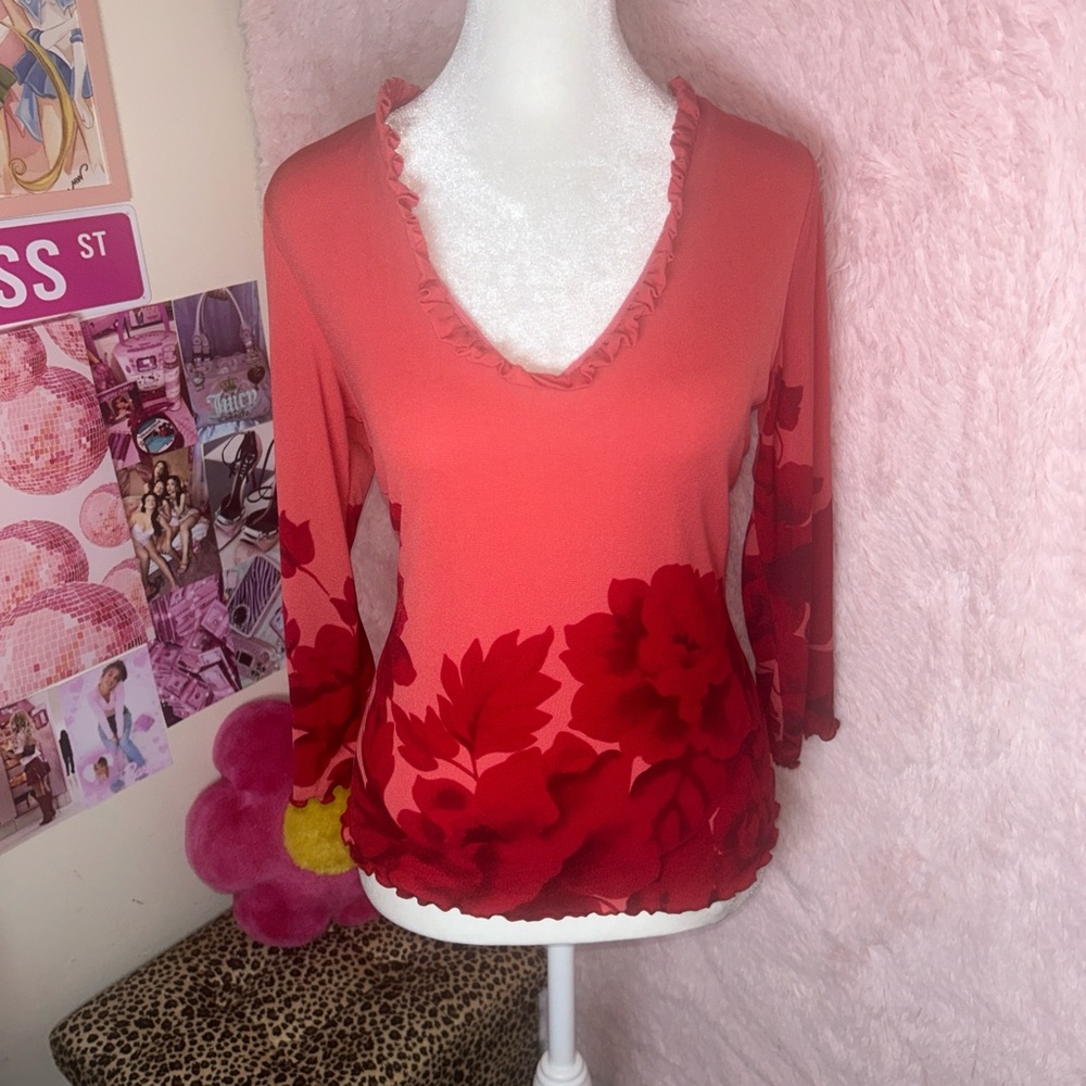 Y2K Red Floral V-Neck Top